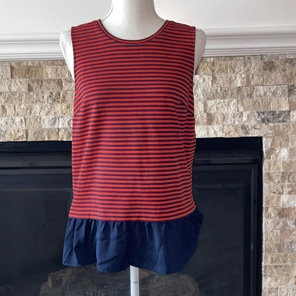 J. Crew Red & Navy Striped Ruffle Hem Sleeveless Top Blouse Sz Small